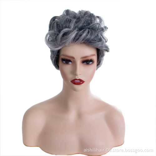 Wholesale heat resistant stort mix silvery with white color and overhead with curly  synthetic hair wigs for women